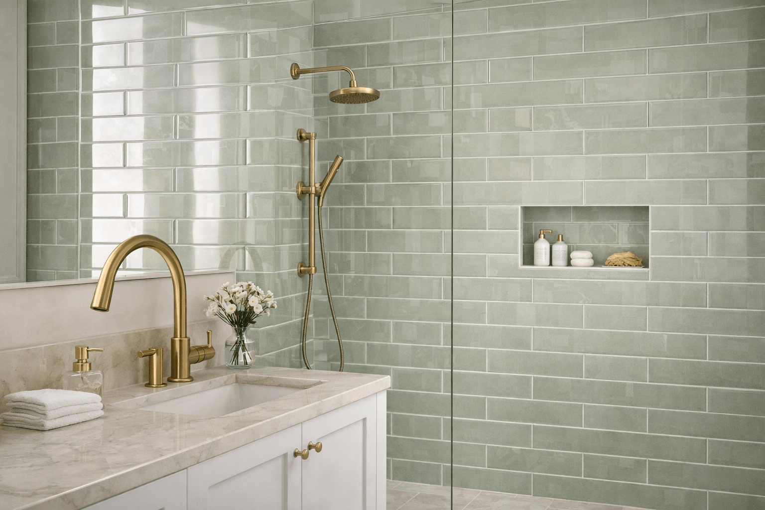 Modern bathroom with sage tiles and brass accents