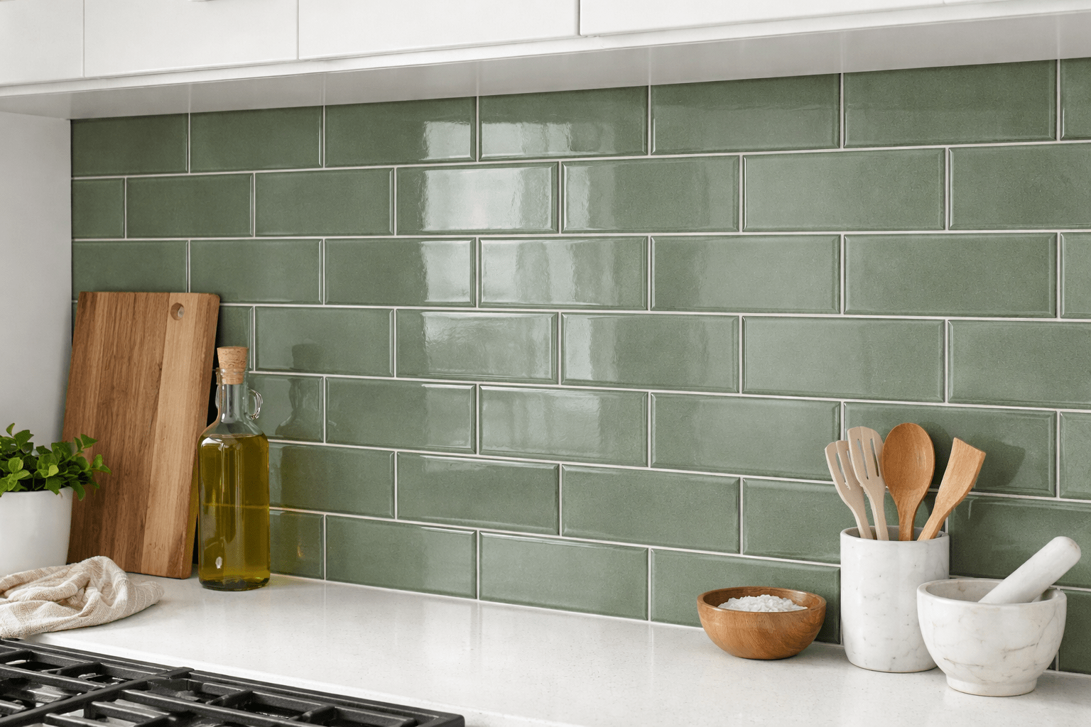 Modern kitchen with green tile backsplash