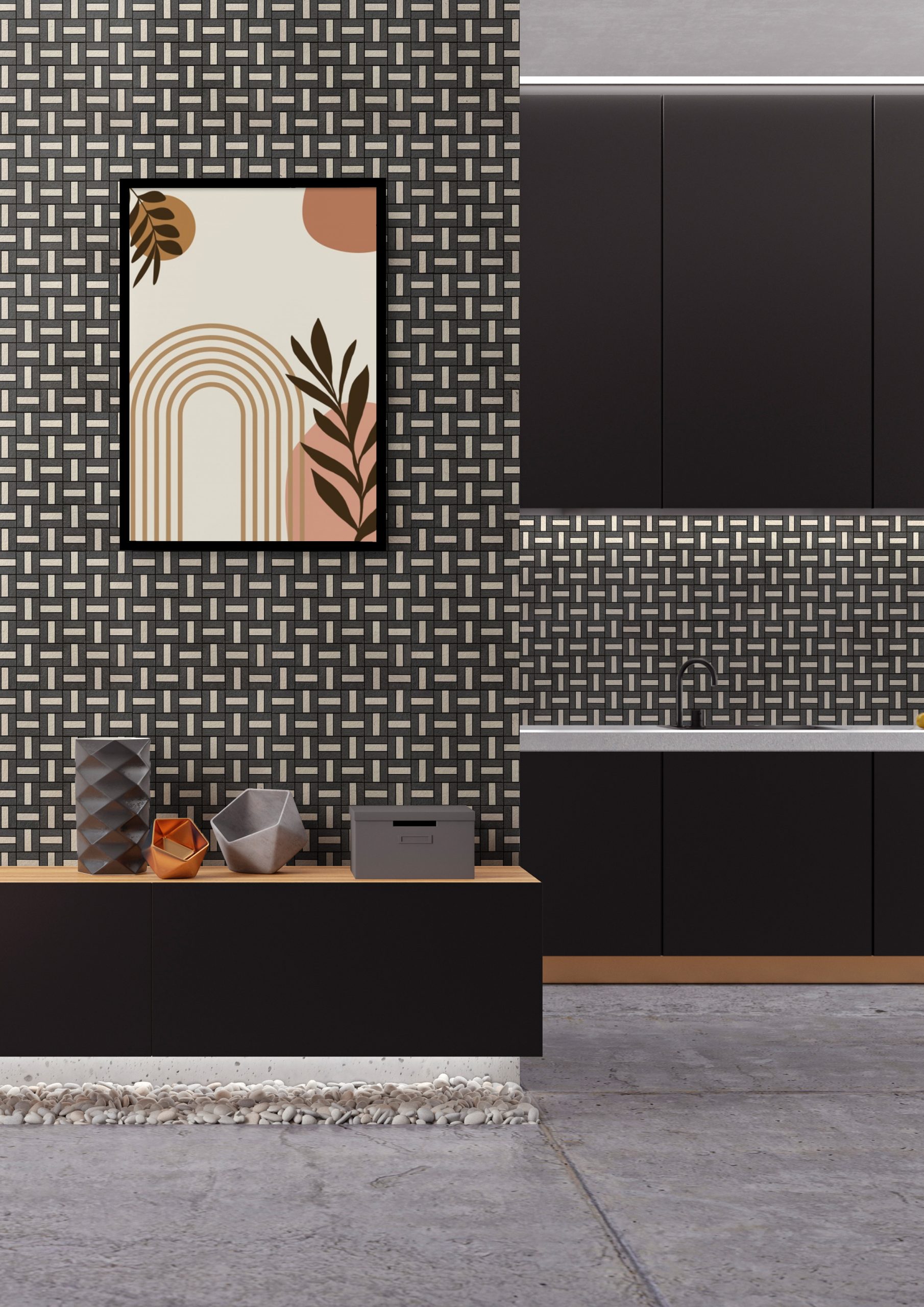 Metro Black Beige Texture Parquet Kitchen Room Mockup